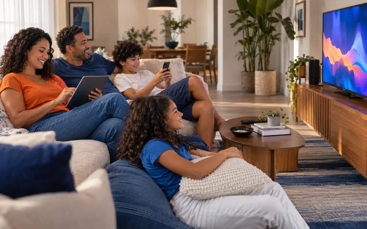 Família conectada assistindo televisão e usando celular e tablet