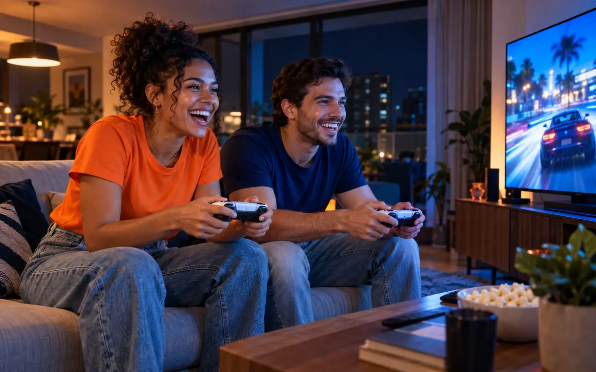 Jovens jogando videogame juntos em uma sala